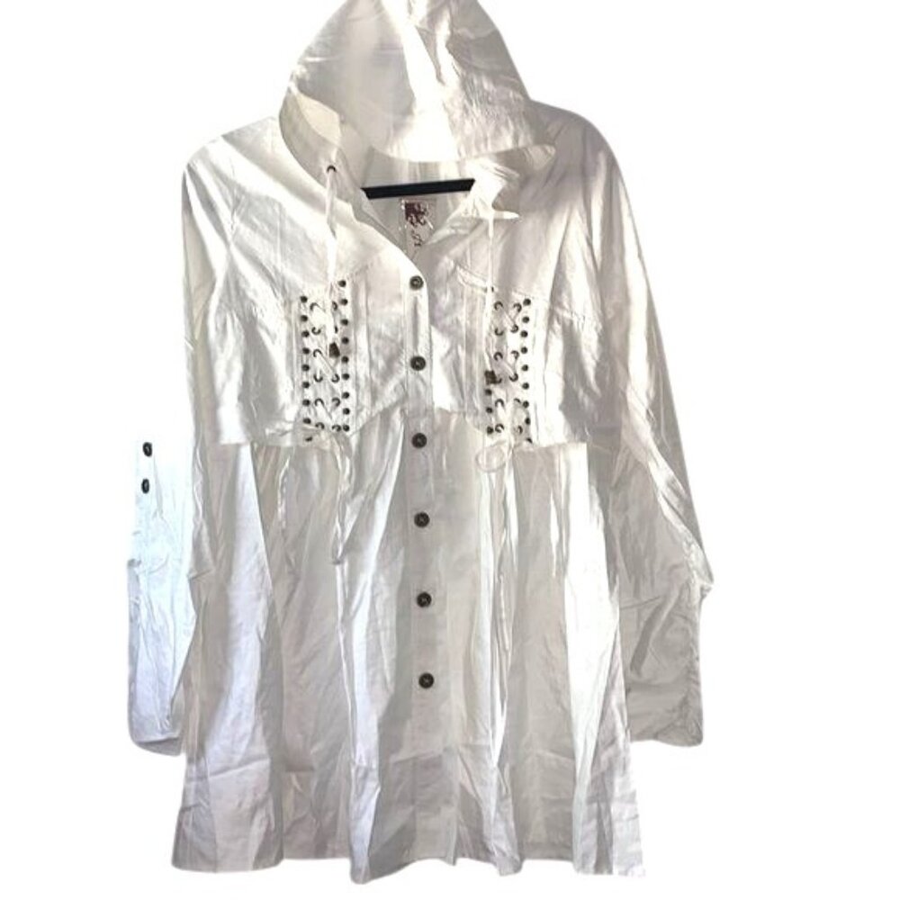 Aria White Hooded Button-Up Tunic With Lace-Up Detail Medium